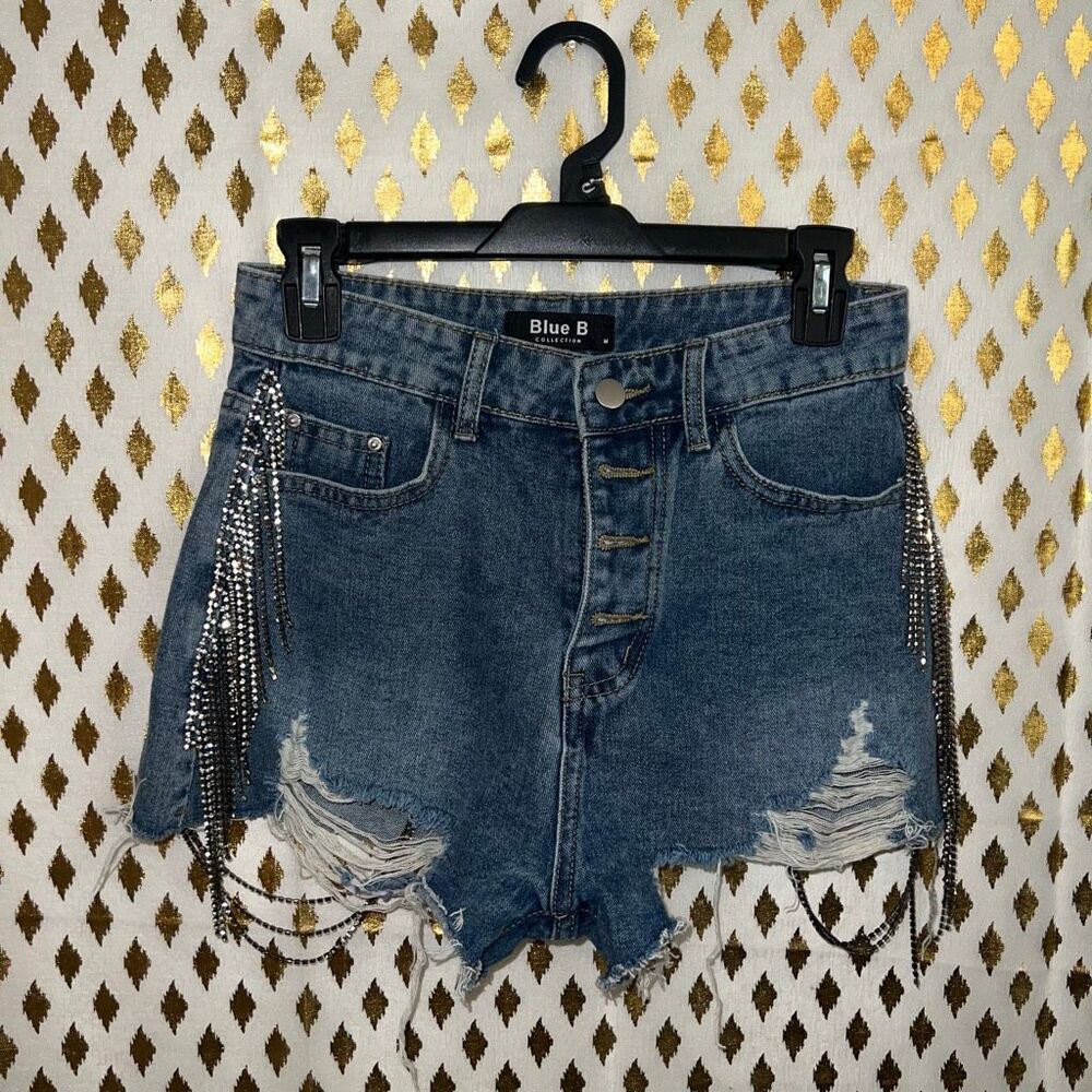 Blue b collection cut off shorts jean denim rhinestone tassels size M